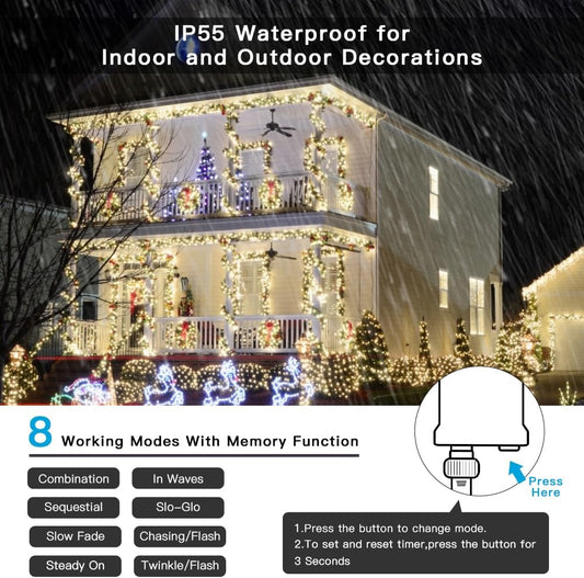 AmyHomie Color Changing Christmas Lights, 108Ft 300LED White Warm White String Lights, 8 Modes Waterproof Fairy String Lights for Outdoor & Indoor Christmas Tree Home Patio Garden Decor