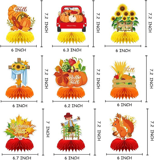 Fall Table Decorations - 9Pcs Fall Honeycomb Centerpieces for Tables with Pumpkins, Sunflowers, Scarecrow, Squirrel for Thanksgiving Dinner, Autumn Harvest Festival, Rustic Fall Party Decorations