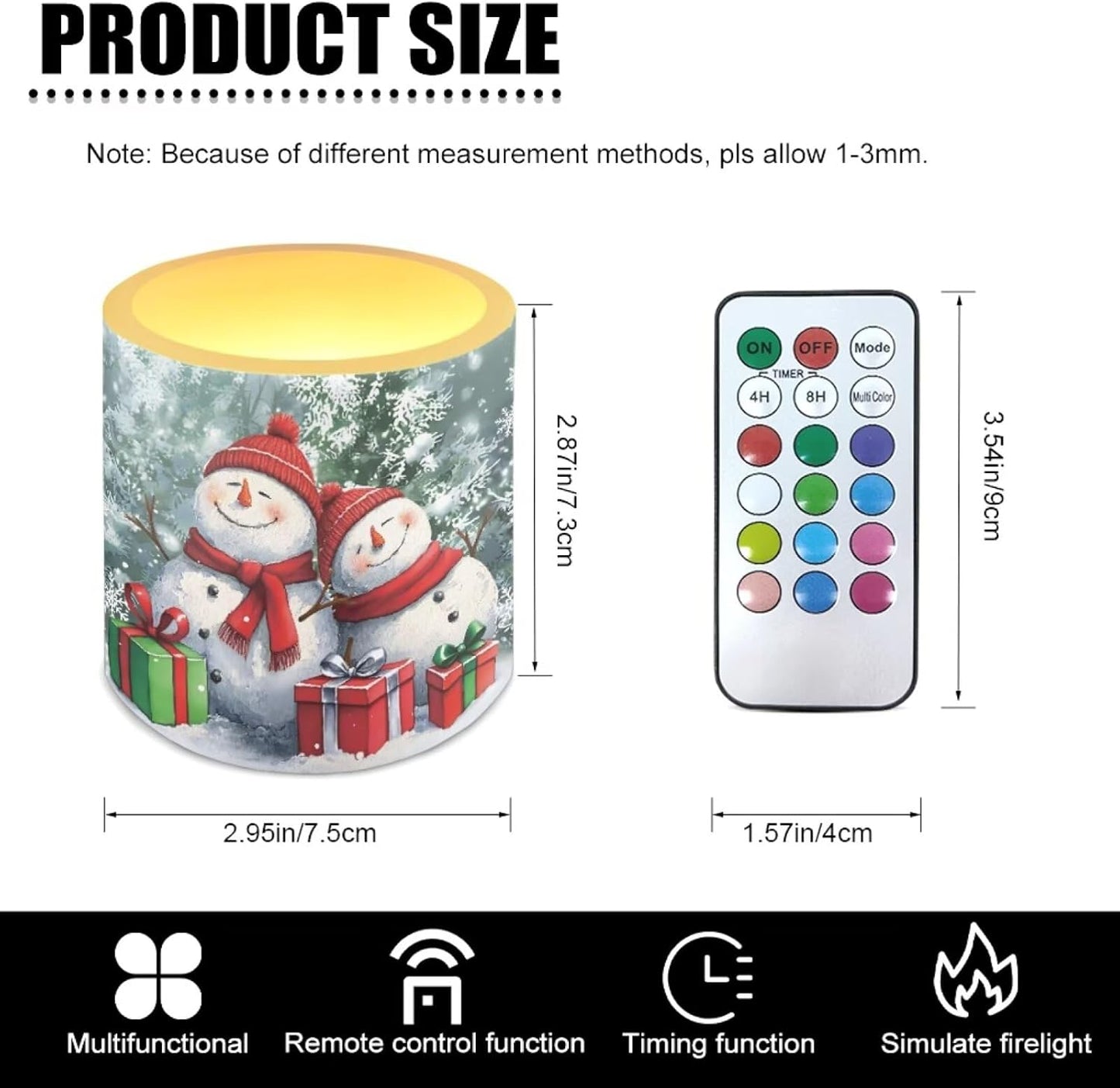 Poceacles Christmas Decor Flameless LED Candles 4 Pack with Remote Control, Battery-Powered, Flickering Effect, with 12 Color Changing, Holiday Party Decoration, Snowman Snowy Fir Tree Pattern