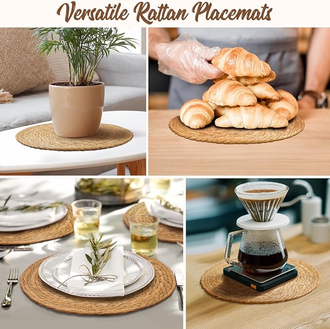 13 in Round Woven Placemats Set of 4 Chargers for Dinner Plates Farmhouse Rustic Boho Table Mats for Dining Table Decor Wicker Straw Braided Place Mats