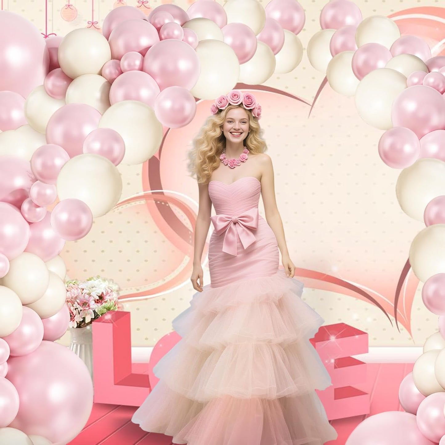 Pearl Pink and White Balloons Arch, Double Stuffed Pearl Pink Sand White Balloons 18/12/10/5 Inch Light Pink Pearl Balloon Garland Kit for Girl Bridal Shower Wedding Birthday Party Decor