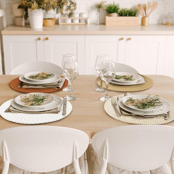 Kochorie Set of 4 Round Woven Cotton Placemats, 13 Inch Boho Table Mats for Kitchen and Dining Table, Farmhouse Heat Resistant Washable Trivets, Fall Thanksgiving Christmas Décor (Mixed Brown)