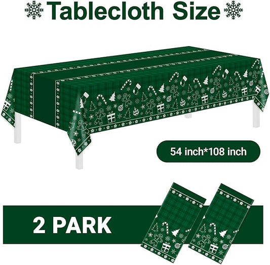 Childom 2 Pack Christmas Tablecloth Disposable,Christmas Decorations,54 x 108 Inch,Plastic Tablecloths for Rectangle Tables,Green Themed Checkered Table Covers for Xmas,Indoor,Outdoor,Birthday,Parties