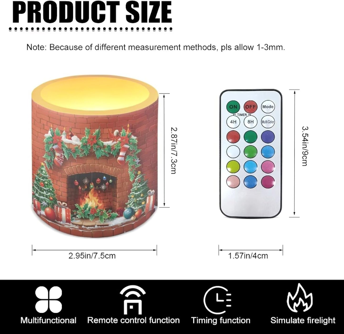 Poceacles 4 PCS Christmas Flameless Candles with Remote Timer LED Pillar Lights Battery Powered Realistic Flickering Wick Candles for Home Special Events Decor, Christmas Fireplace Pattern
