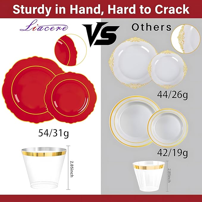 Liacere 175PCS Red Plastic Plates - Red Disposable Plates With Gold Rim -25Guest Baroque Plastic Dinnerware include 50Plates-25Pack Pre Rolled Napkins with Silverware 25Cups for Wedding&Party