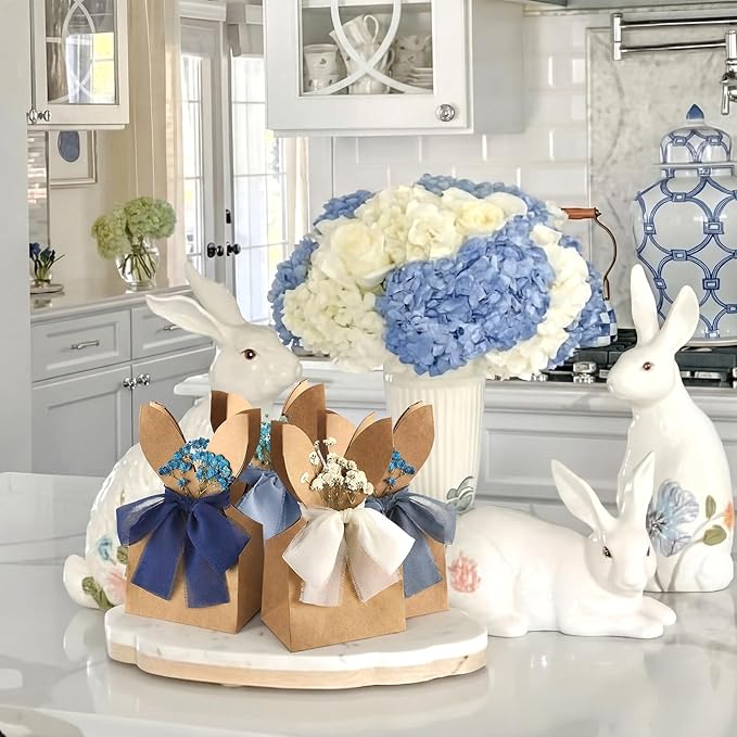 Affrolling 24 Set Boho Bow Easter Bunny Party Favor Bags DIY Bunny Gift Boxes with Neutral Bow Ribbon and Dried Flowers Rustic Paper Rabbit Ears Treat Bags Bulk for Easter Spring (Dirty Blue)