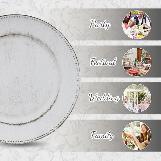 MAONAME 13" Round Charger Plates Set of 6, Antique White Plate Chargers, Plastic Charger for Dinner Plates, Beaded Table Chargers for Wedding, Party