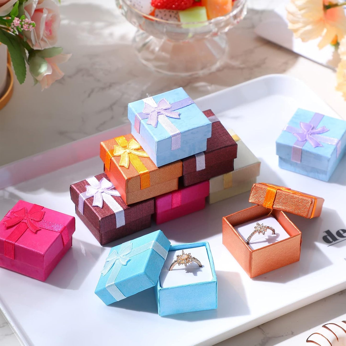Bucherry 72 Pcs Ring Boxes 1.6 x 1.6 In Hard Cardboard Jewelry Box with Ribbon Bow Small Jewelry Gift Cases for Small Business(Elegant Color)