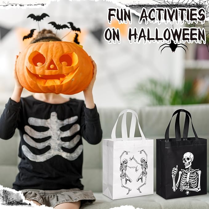 Wesnoy 24 Pcs Halloween Bags with Handle Reusable Skeleton Halloween Party Favors Black White Non Woven Candy Tote Bags Bulk Funny Hippie Dancing Skeleton