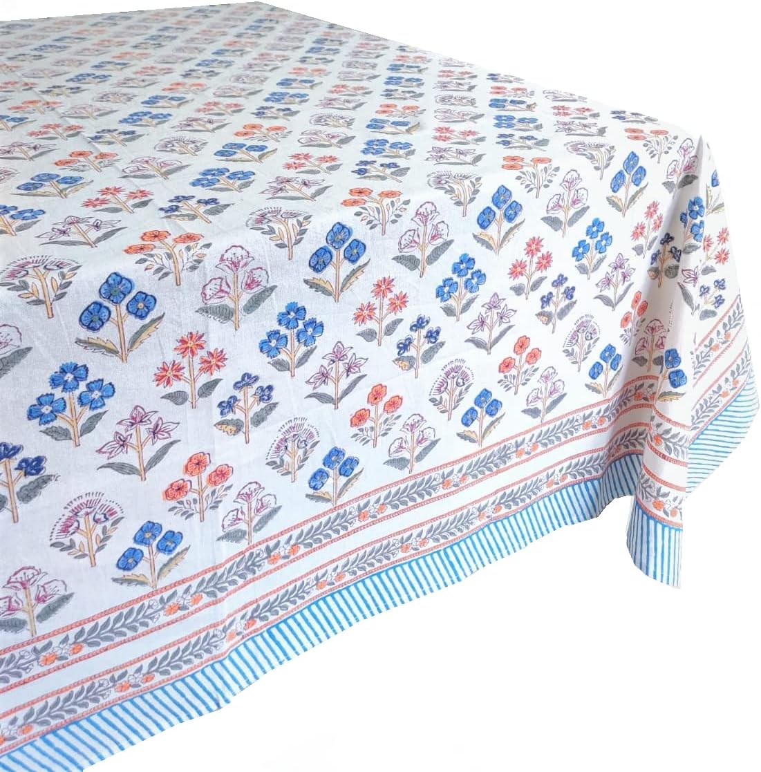 ATOSII Flora Bloom 100% Cotton Rectangle Boho Fall Tablecloth, Handblock Floral Table Cloth Linen for Kitchen Dining I Parties Wedding Outdoors Christmas Thanksgiving I 72 X 140 Inches I 12 Seater