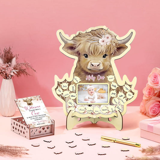 Wenqik 63 Pcs Highland Cow Baby Shower Guest Book Alternatives Set Baby Shower Decorations with Photo Frame Sonogram Frame Keepsake 60 Wood Slices Guest Book for Birthday