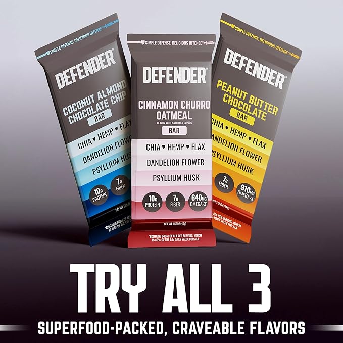 Defender Vegan Protein Bar, Cinnamon Churro Oatmeal, Plant Based Snack Breakfast Bars, Psyllium Husk, High Fiber, Non GMO, Kosher, No Stevia & Sugar Alcohols, 12 Bars, Holiday Gift Item, Stocking Stuffer