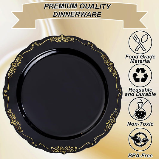 U-QE 100PCS Black Gold Plastic Plates - Heavy Duty Halloween Disposable Plates Including 50PCS 10'' Dinner & 50PCS 7.5'' Dessert Plates - Hard Plastic Plate for Halloween & Party & Wedding