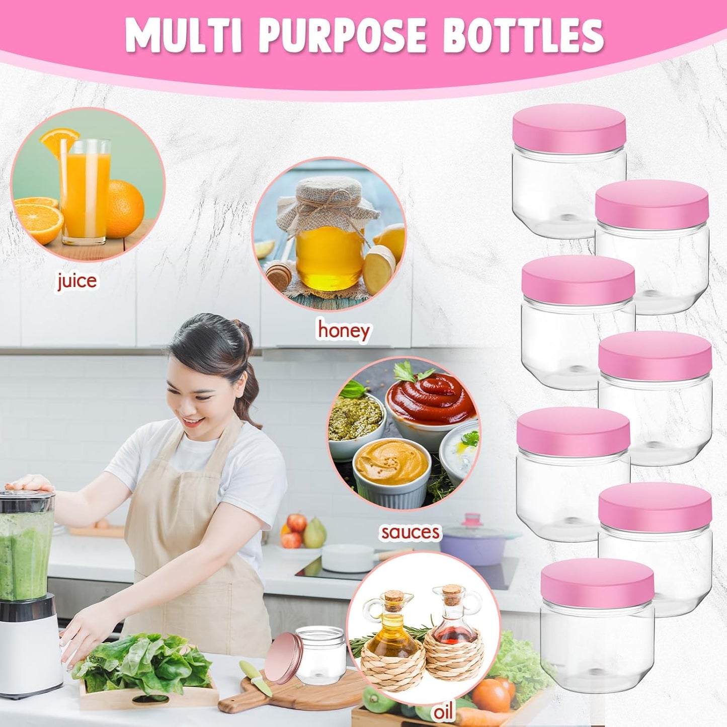 Tanlade 60 Pcs 3 oz Clear Plastic Jars with Lids Wide Mouth Mason Jars Mini Storage Containers Bulk for Herb Jelly Wedding Valentine Favors Shower Party Favors(Pink)