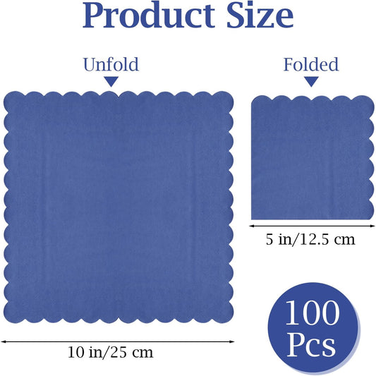 100 Pcs Cocktail Napkins, 2-Ply 5 x 5 Inches Disposable Scalloped Napkins, Thick Premium Dessert Napkins for Party, Wedding, Dinner, Birthday, Anniversary, Festival (Navy Blue)