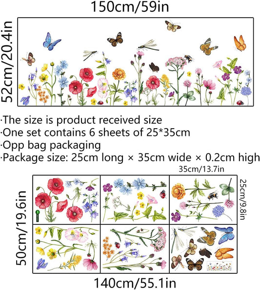 6 Pieces Flowers Wall Decals Vinyl Flowers Wall Stickers Removable Floral Murals Peel and Stick Colorful Flower Decor for Girls Bedroom Living Room Nursery (Butterfly and Dragonfly)