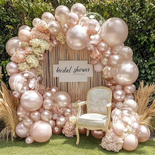 Pearl Balloon Arch Double Stuffed Pearl Rose Pink Metallic Balloon Garland Kit Different Sizes 12/10/5in With Clear Bobo Balloons for Birthday Wedding Bridal Baby Shower Engagement Party Decor