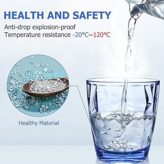 Topsky 10 oz Plastic Water Tumblers | Set of 4 Transparent Unbreakable Drinking Glasses Clear Acrylic Reusable Juice Wine Cups for Home Picnic Party, Dishwasher Safe, Stackable (Blue)