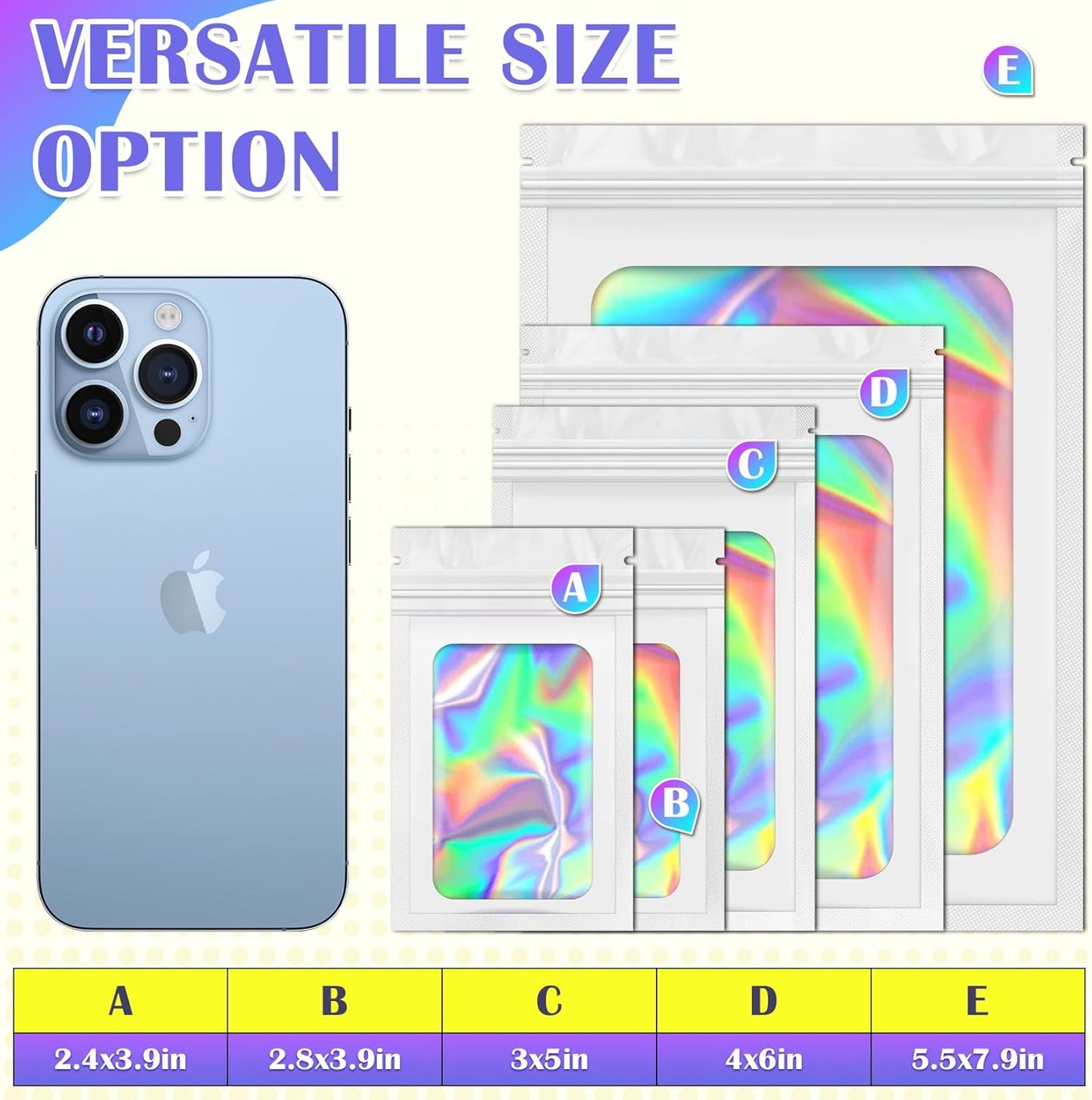 Mylar Bags, 100 PCS Holographic Bags, White Smell Proof Bags with Front Window, Small Business Packaging Supplies, Resealable Bags for Food Storage, Bracelets, Jewelry, Sample (2.4x3.9in)