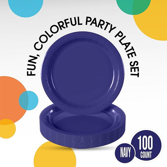 Exquisite Navy Paper Plates Disposable Heavy Duty 9 Inch Navy Disposable Plates For Party 100 Pcs Heavy Duty Paper Plate 350 GSM, Birthday Party Supplies Plate Set