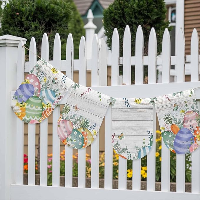 Easter Eggs Banner 4Pcs Indoor Outdoor Hanging Banner Flag Spring Flowers Eucalyptus Leaves Wooden Grain Sign for Fireplace Mantel Decorative Bunting Garland Valance for Shop Door Decor 7.9"x11.8"
