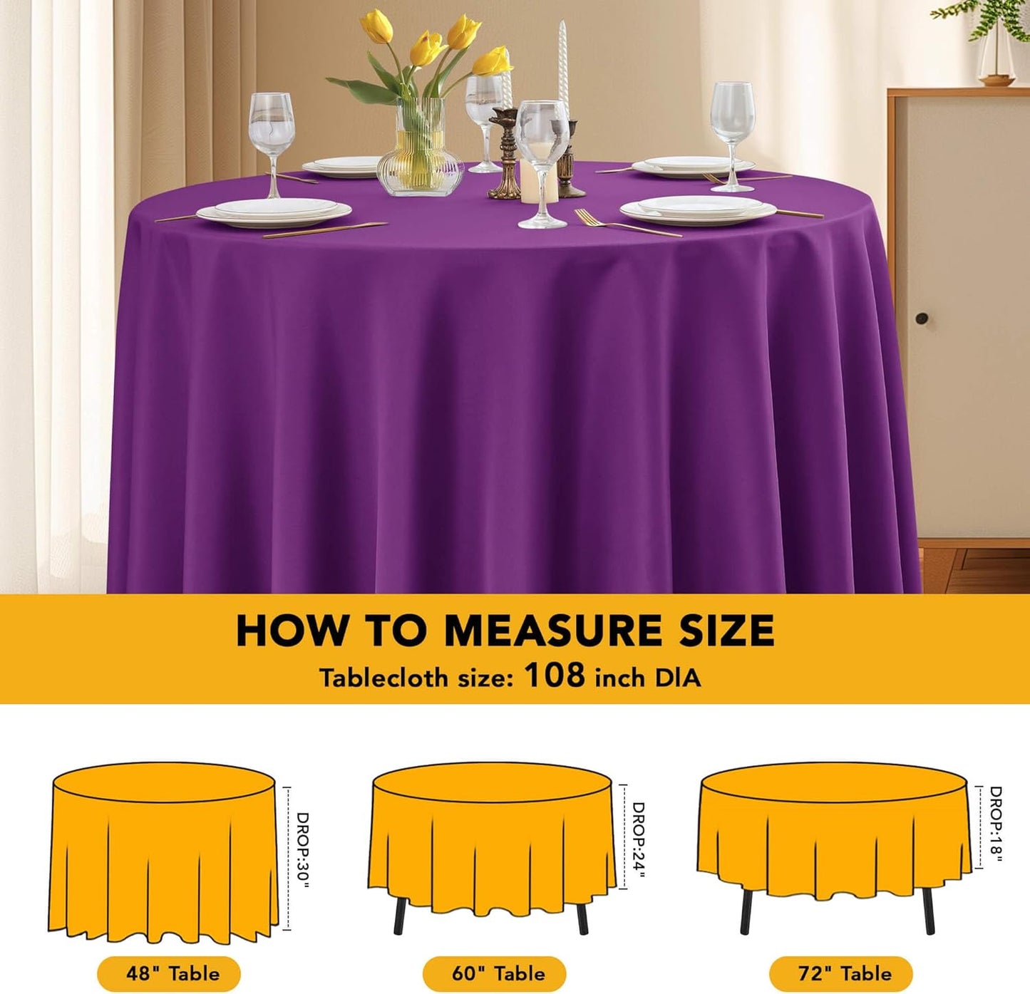10-Pack Purple Round Tablecloths, 108 Inches, Stain-Resistant Polyester for 4-5 Ft Round Tables - Washable Table Covers for Weddings, Banquets, Birthday Parties, Events