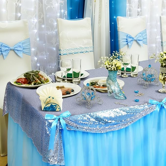 5 Pcs Princess Gray Party Tablecloth Blue and Silver Sequin Tulle Table Skirt 30 x 108 Inch Gray Princess Tables Cover for Birthday Party Decor Supplies(Bow, Silver)