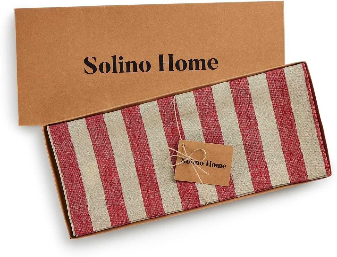 Solino Home Linen Table Runner 60 Inches - Sorrento Stripe 100% Pure Linen Red and Natural Farmhouse Table Runner 14 x 60 Inch Ideal for Dresser and Coffee Tables - Thanksgiving, Christmas