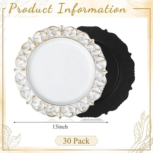 30 Pcs Antique White Charger Plates Bulk 13 Inch Embossed Rim Plastic Round Decorative Vintage Plates Charger for Dinner Wedding Party Event Table Setting Decoration (Vintage)