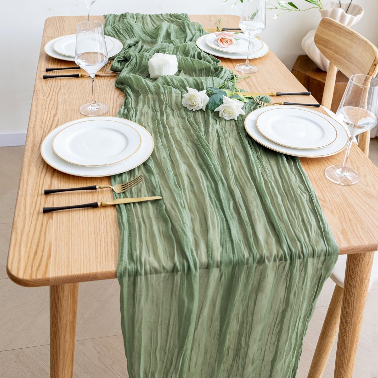 Wokceer Cheesecloth Table Runner 10FT Sage Green Boho Gauze Christmas Fall Cheese Cloth Table Runner for Party Long Rustic Sheer Thanksgiving Table Runners for Baby Bridal Shower Wedding Easter Table