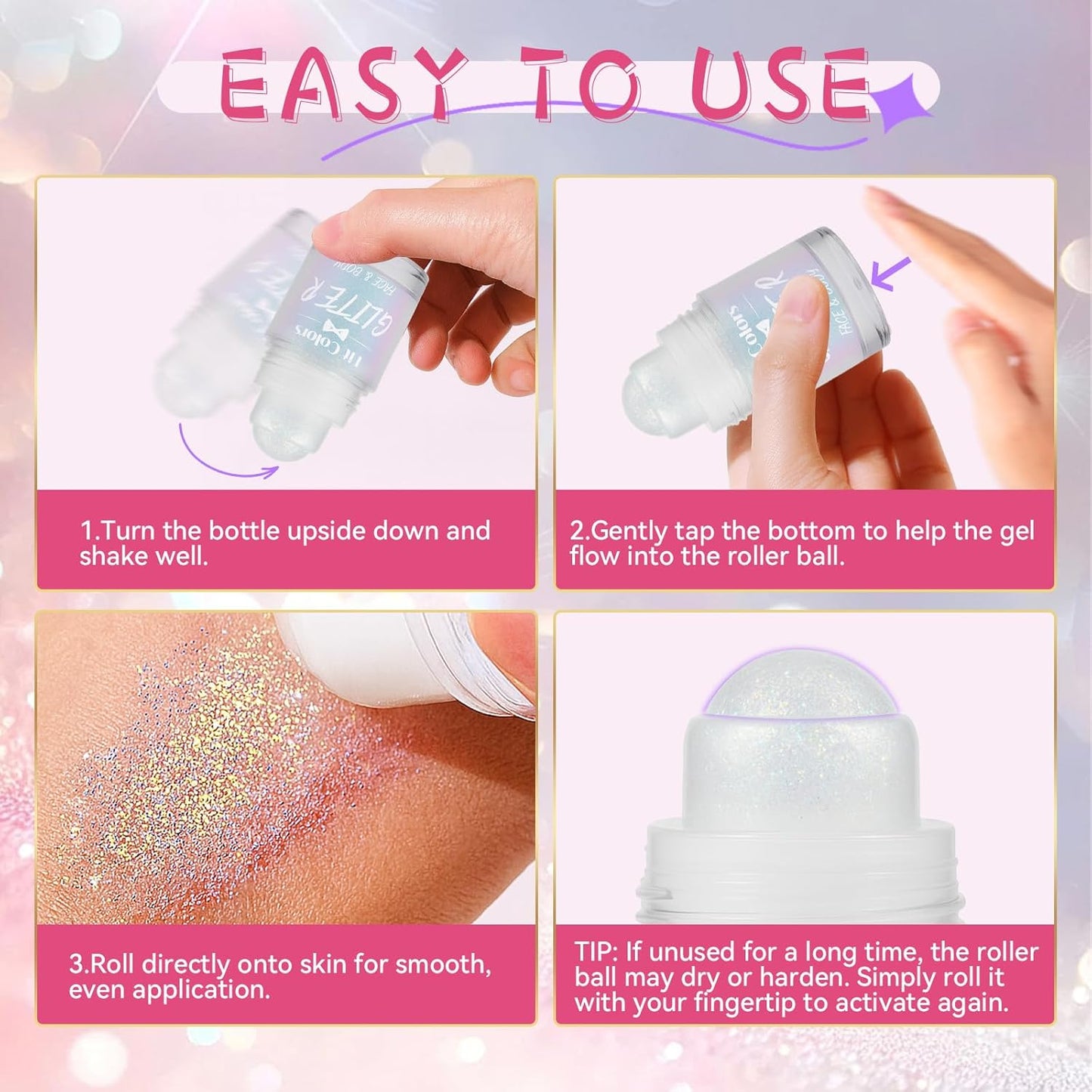 Roll-on Body Glitter, Long-Lasting Holographic Face Glitter Makeup Gel for Hair, Nails & Face Paint, Festival Rave Accessories, Party Concert Mermaid Shimmer (Gold)