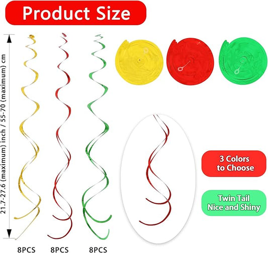 BEISHIDA Red Green Gold Hanging Swirls Party Decorations Plastic Streamer for Christmas Hanging Ornament Decorations, Christmas Wedding Graduation Party Supplies, Pack of 24