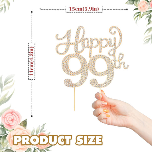 Happy 99th Birthday Decorations,99th Birthday Gold Rhinestone Cake Topper - Cheers to 99 Years Old Bday Party Metal Sparkly Cake Centerpieces Sign.