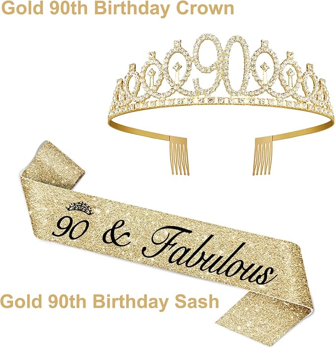 90th Birthday Decorations for Women Gold, Birthday Sash and Tiara, Gold Number 90 Candles, 90th Gifts for Women