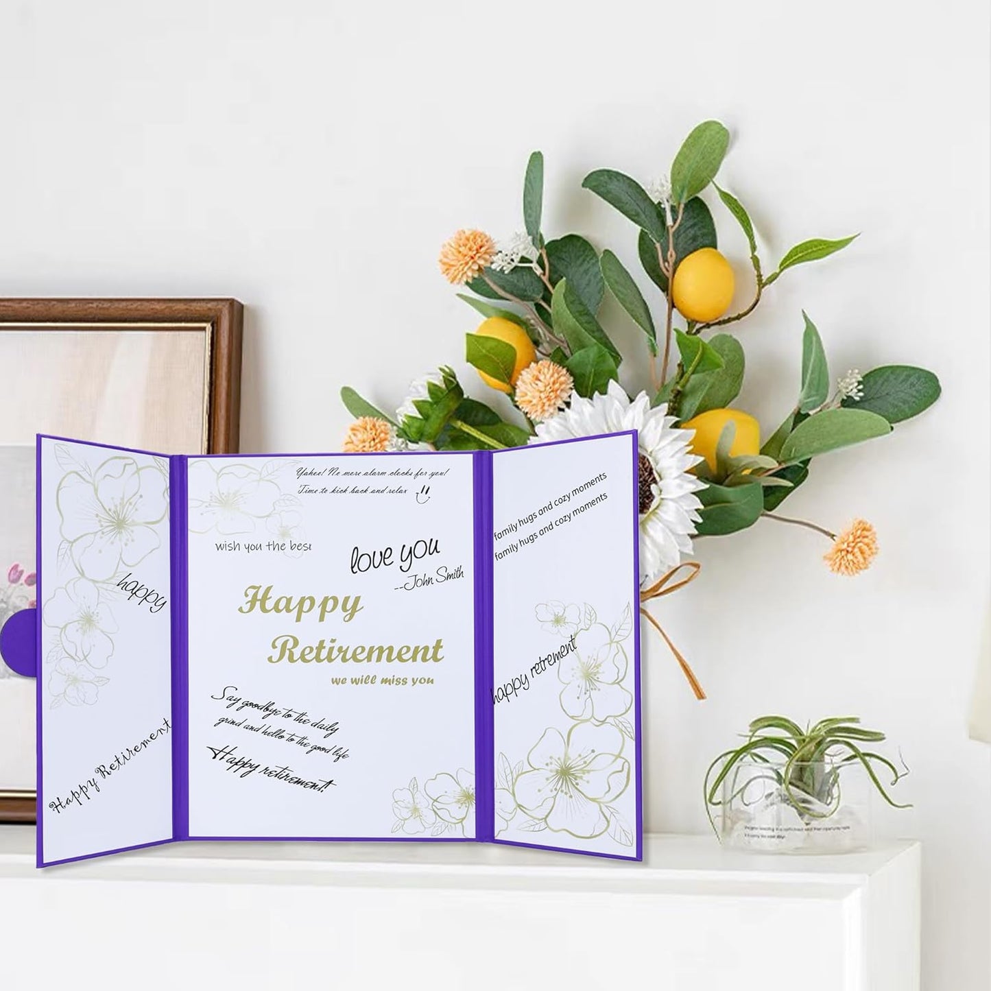 Large Retirement Card, Purple Gold Retirement Guest Book Alternative, Retirement Card for Man Woman, Happy Retirement Gifts Signature Board Book for Retirement Party Decorations