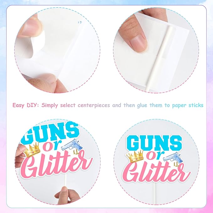 Guns or Glitter Gender Reveal Decorations, 24 Piece Guns or Glitter Table Centerpiece Stick Table Topper Pink and Blue Decor for Gender Reveal Baby Shower Party Supplies