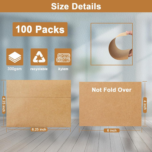100 Packs Brown Blank Greeting Cards and Envelopes 4 x 6 Heavyweight Flat Cardstock and A4 Envelopes Printable Self Seal for Graduations, Invitations, Thank You Cards, Mailing