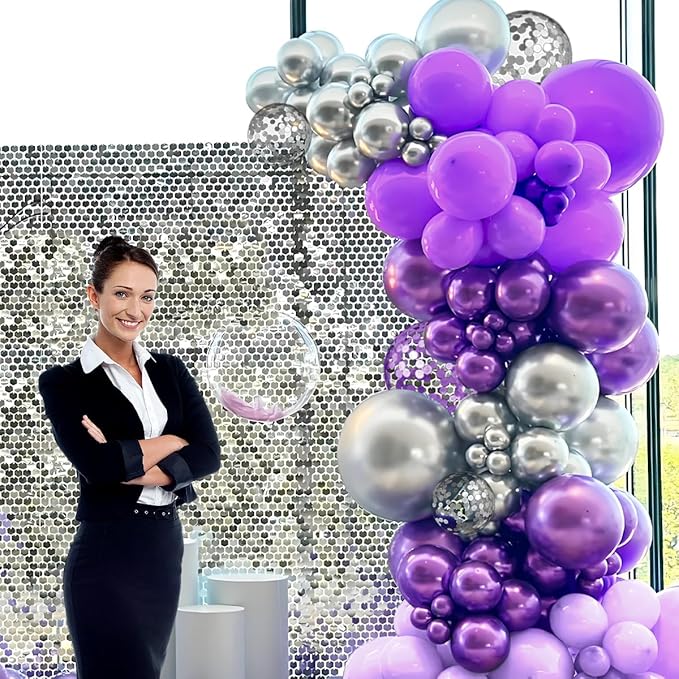 MEBAY Purple Silver Balloon Arch Kit, 147PCS Pastel Purple Matte Lavender Violet Metallic Lilac Silver Confetti Balloons Garland for Baby Girl Princess Party Birthday