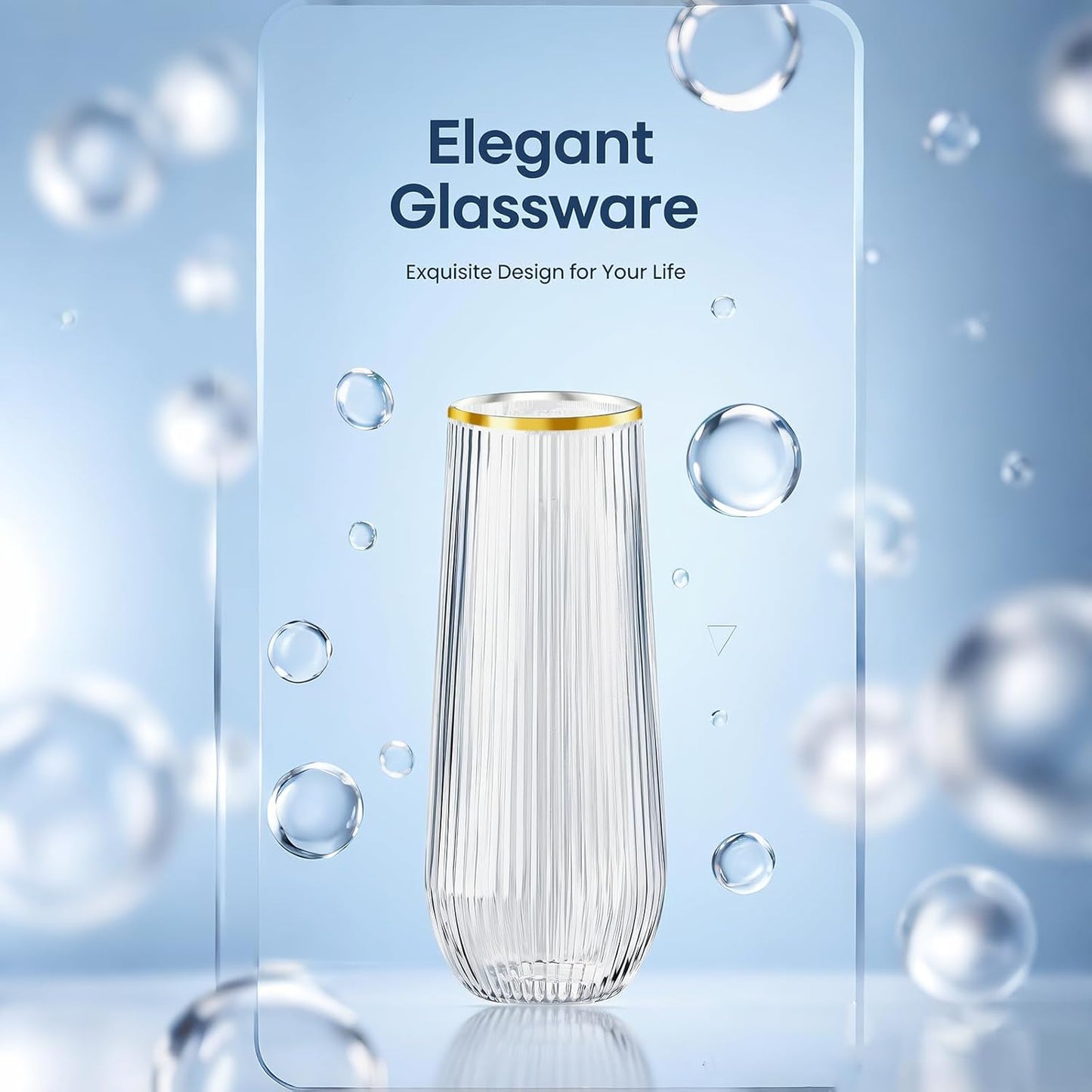 48 Pack Plastic Ribbed Champagne Flutes, 9 Oz Stemless Disposable Gold Rim Clear Plastic Toasting Glasses Shatterproof Recyclable and BPA-Free Perfect For Wedding