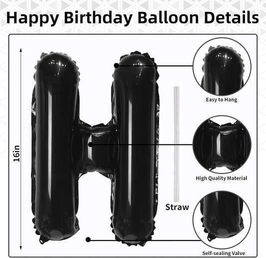 16 Inch Happy Birthday Banner Balloon - Black Letters Foil Balloons With Ribbon, Self Inflating Letter Balloon Bunting for Men Women Birthday Party Decorations Supplies