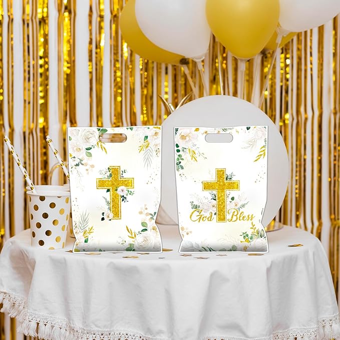 Falueqg Baptism Party Favor Bags - Bulk First Communion Favors for Guests Reusable Treat Bag, Baptism Party Goodie Suprise Pinata Bags for Candy Cookies Popcorn (50 Pcs)