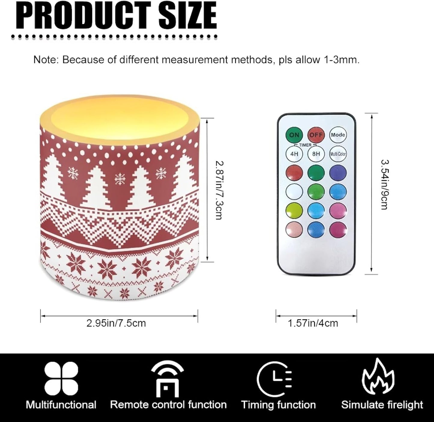 Poceacles 4 Pack Christmas LED Flameless Candles Battery Operated with Remote Timer Holiday Party Events Tea Lights with 12 Colors Options for Home Decor, Christmas Tree Snowflake Print Red White