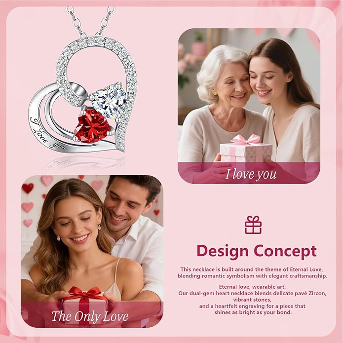 Double Birthstone Heart Necklace 0.8CT Dual-Gemstone S925 Sterling Silver Plated White Gold Engraved I Love You Perfect Anniversary/Valentine's Day Gift for Wife/Girlfriend/Mom/Daughter