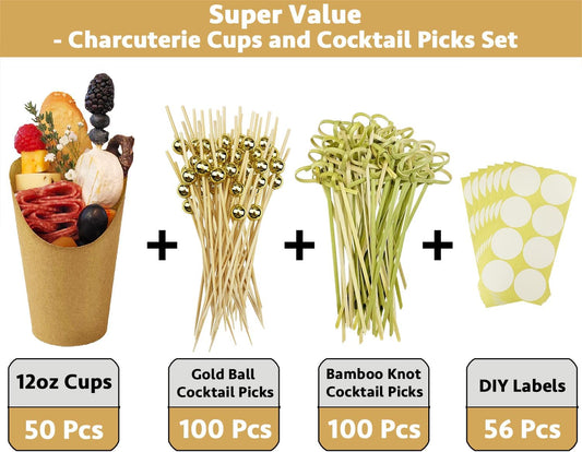 CAMKYDE 50 Charcuterie Cups + 200 Cocktail Picks + 56 Labels, 12 oz Disposable Charcuterie Cups with Sticks (2 Types), French Fry Cup Brown Paper Appetizer Cup for all Occasions