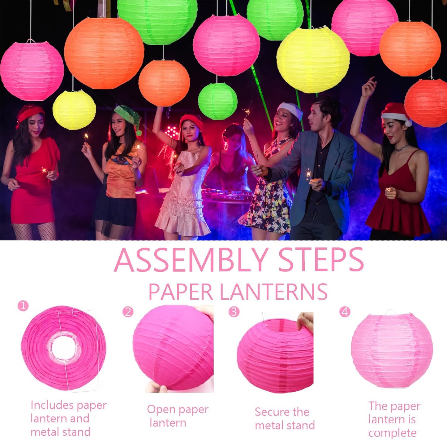 21pcs Colorful Hanging Paper Lanterns, Neon Party Decorations - Round Paper Lanterns, for Neon Themed Birthday, Baby Showers, Weddings, Engagement Parties, and Other Party Decorations.
