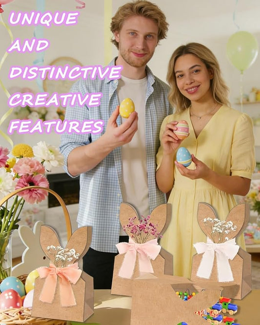 Easter Bunny Kraft Gift Bags, 24 Set Boho Bow Easter Bunny Treat Bags, DIY Kraft Paper Goodie Treat Bag with Boho Bow for Party Favors, Gift Packaging, School, Church, Office