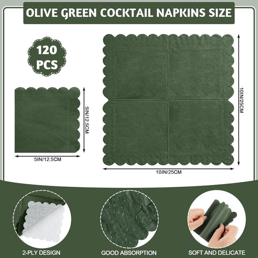 120 Pcs Cocktail Napkins Olive Green Napkins Disposable Scalloped Dessert Beverage Napkin Dark Green Dinner Napkin for Wedding, Bridal Baby Shower, Christmas, 5 x 5 Inch