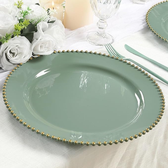 Efavormart 10-Pack Economy Plastic Charger Plates 13" Round Dusty Sage Green with Gold Beaded Rim - Stylish Dinner Party Serving Plates