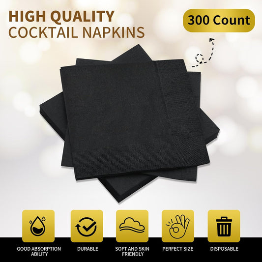 Cocktail Napkins - 300 Count 2-Ply Black Napkins Disposable, 4.75 x 4.75 Inch Folded Paper Napkins Bulk Beverage Napkins for Dinner Wedding Bar Party and Everyday Use
