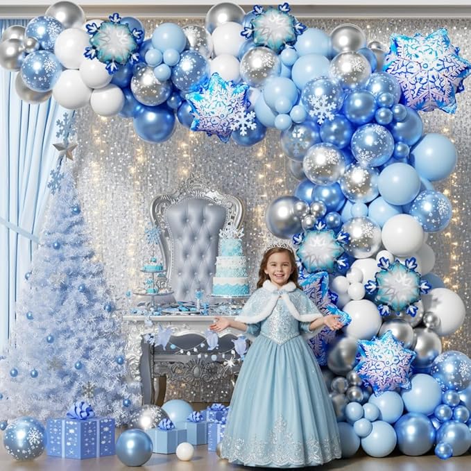 Snowflake Balloon Arch Garland Kit 182pcs, Frozen Balloon Arch Kit Silver Blue White Wonderland Balloons for Winter Wonderland Christmas Baby Shower Snow Princess Birthday Party Decorations